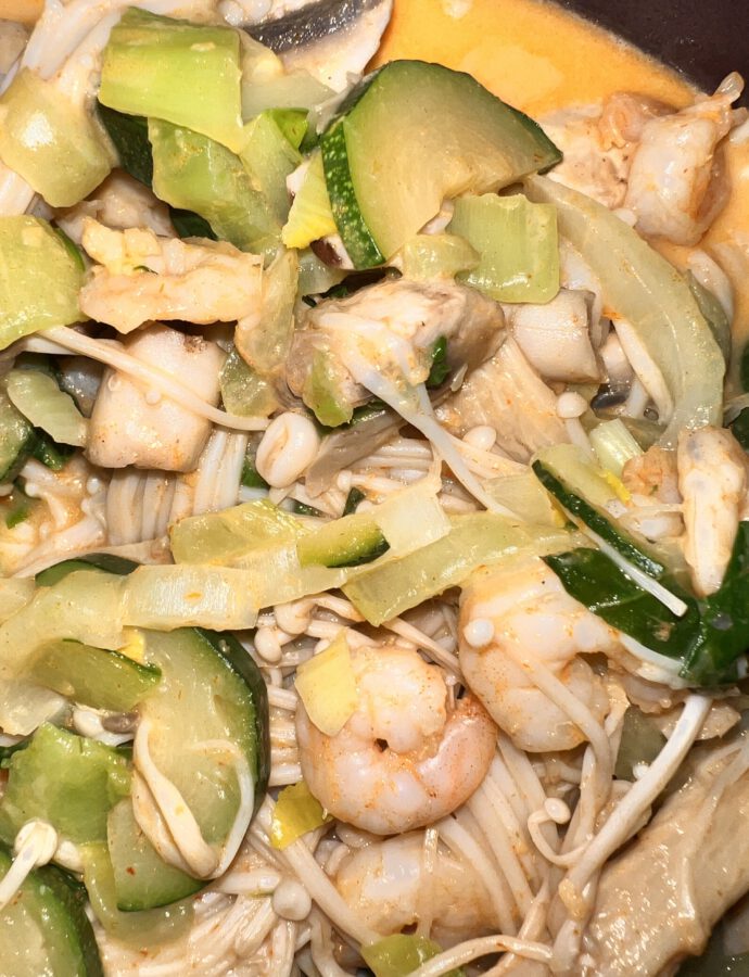 Spicy Thai Shrimp Curry with Enoki Mushrooms & Pak Choi