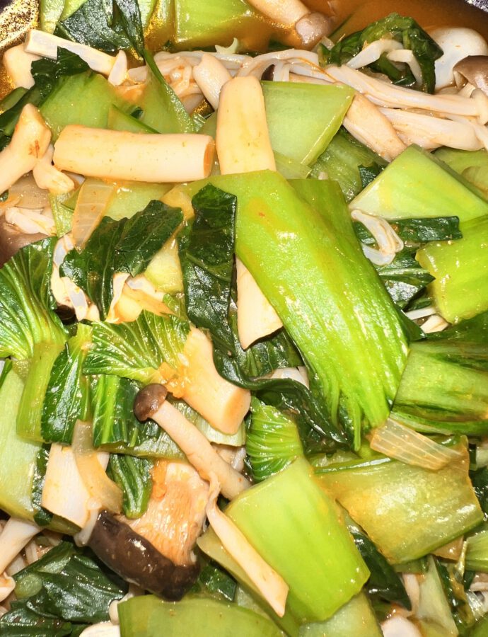 Spicy Korean Mushroom Soup with Red Curry and Pak Choi