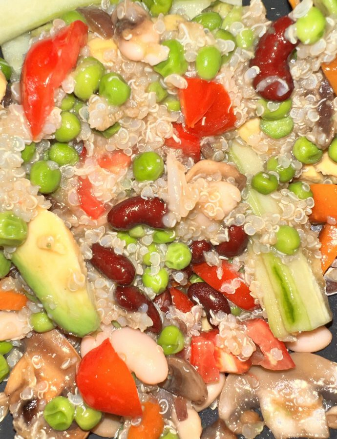 High-Protein Quinoa Bowl with Fresh Vegetables and Homemade Teriyaki Sauce